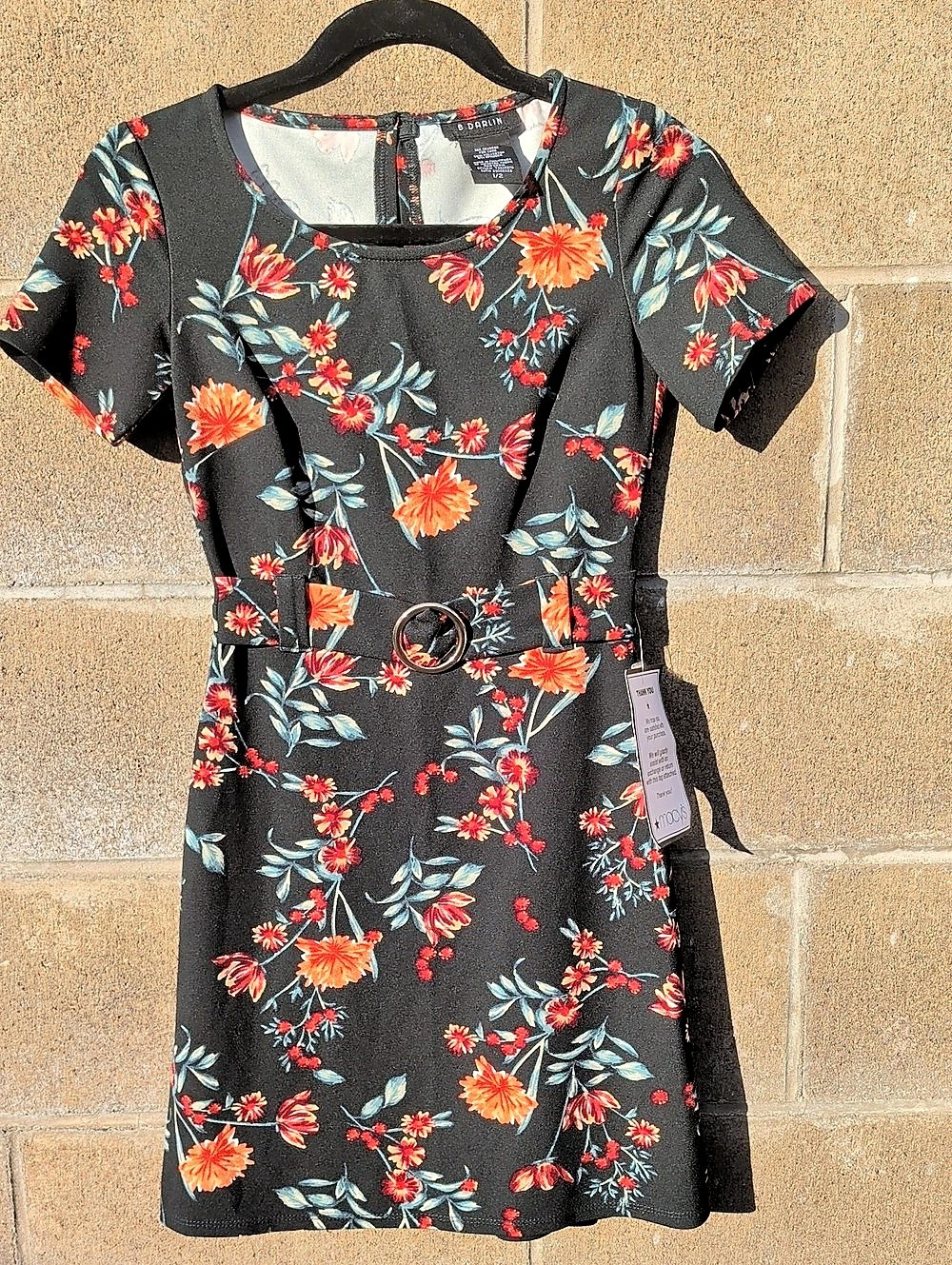 b Darlin Floral Belted Keyhole-Back A-Line Dress A-Line Dress Green & Red
